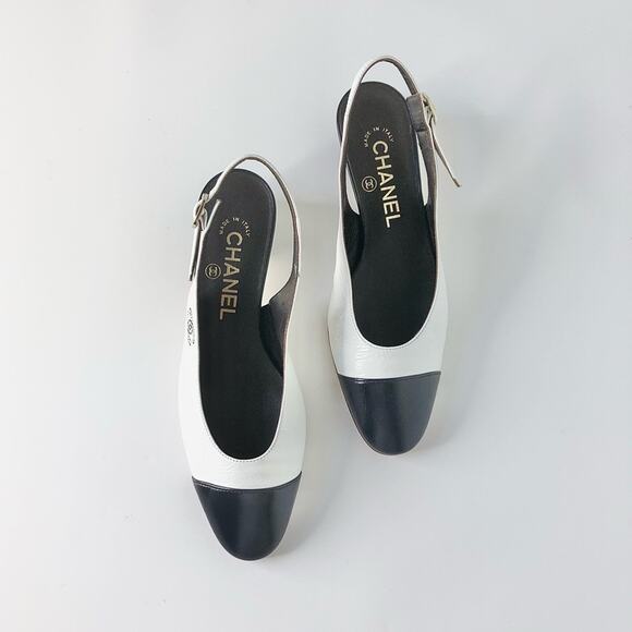 NEW Chanel Calfskin CC Logo Cap Toe White Dark Navy Slingback Low Heel Pumps 36 - Picture 2 of 11